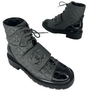Chanel 2022 CC Chain Quilted Cap Toe Logo Combat Boots in Gray & Black
